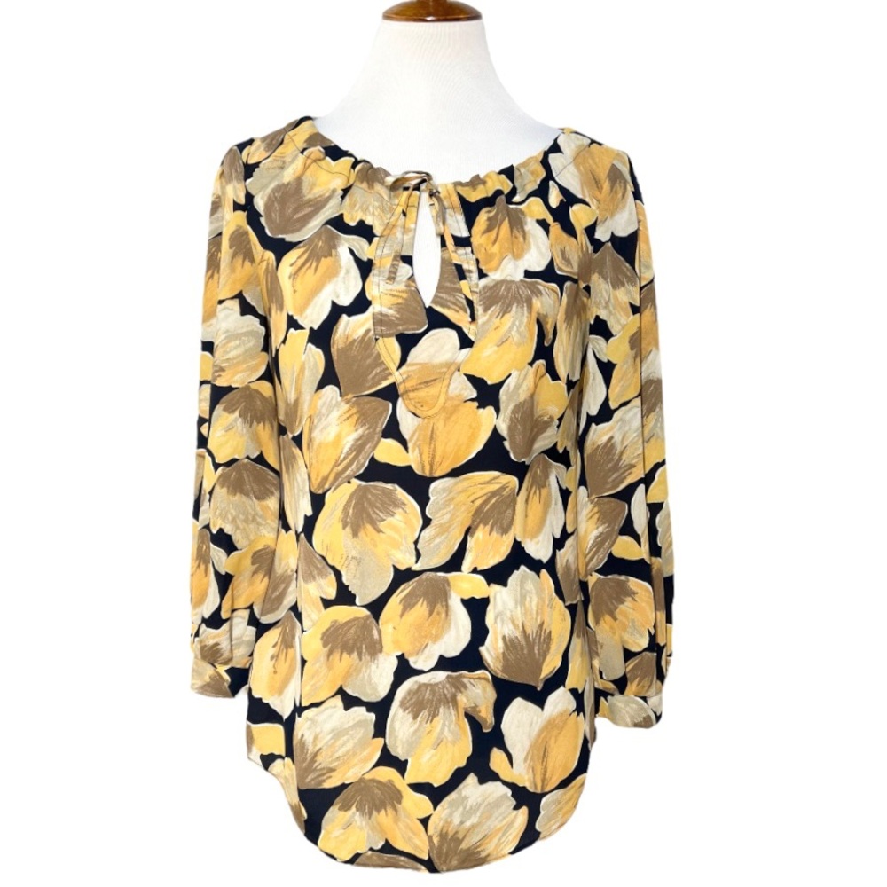 Anthropologie Navy Yellow Watercolor Floral Print Tie Neck Long Sleeve Tunic S 4